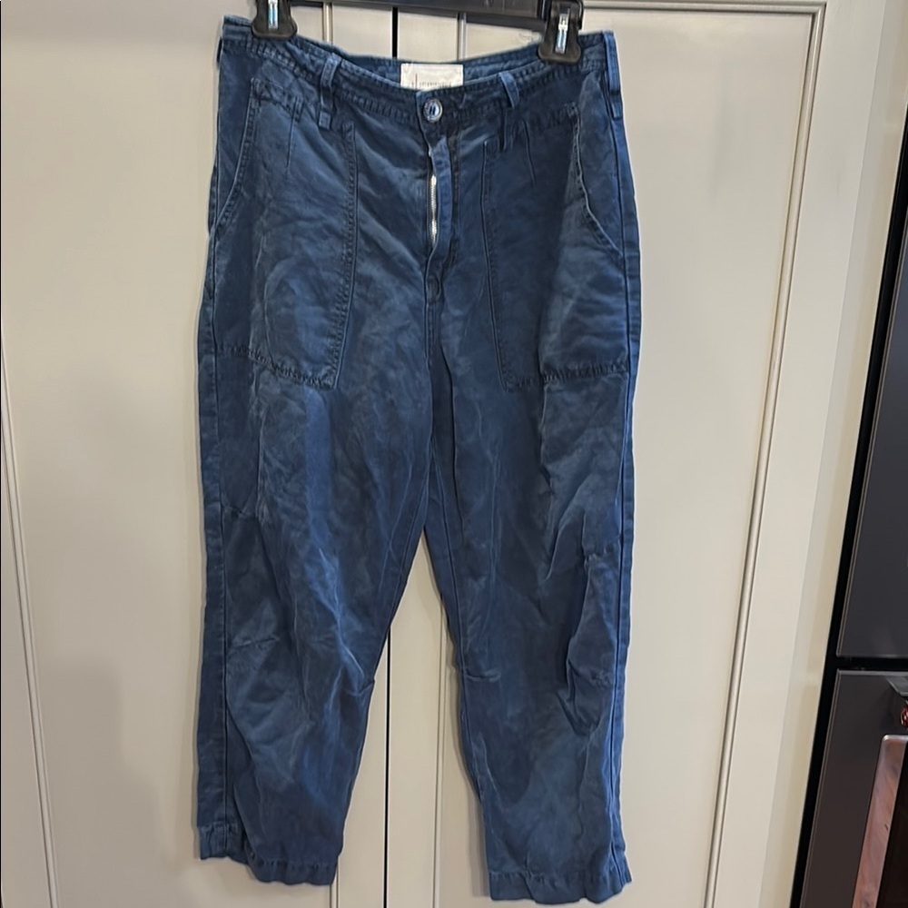 Anthropologie Pants Womens 27 Blue Linen Blend Crop Balloon Leg High Rise Ankle